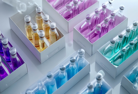 packaging with colored medical ampoules on a light background